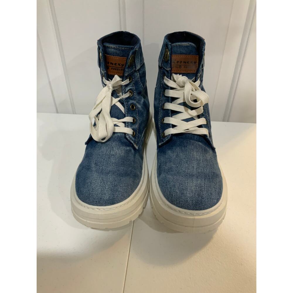 Koonexy Blue Denim Platform Combat Boots Size 42 (US 10-10.5)